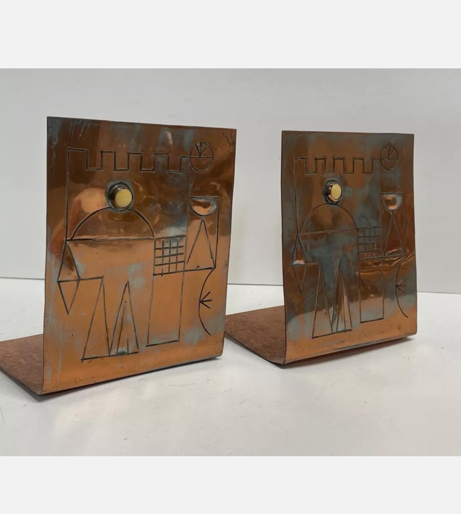 Israeli Mod Arts & Crafts Copper Sculpture Bookends Bezalel Schatz Yaad Studio