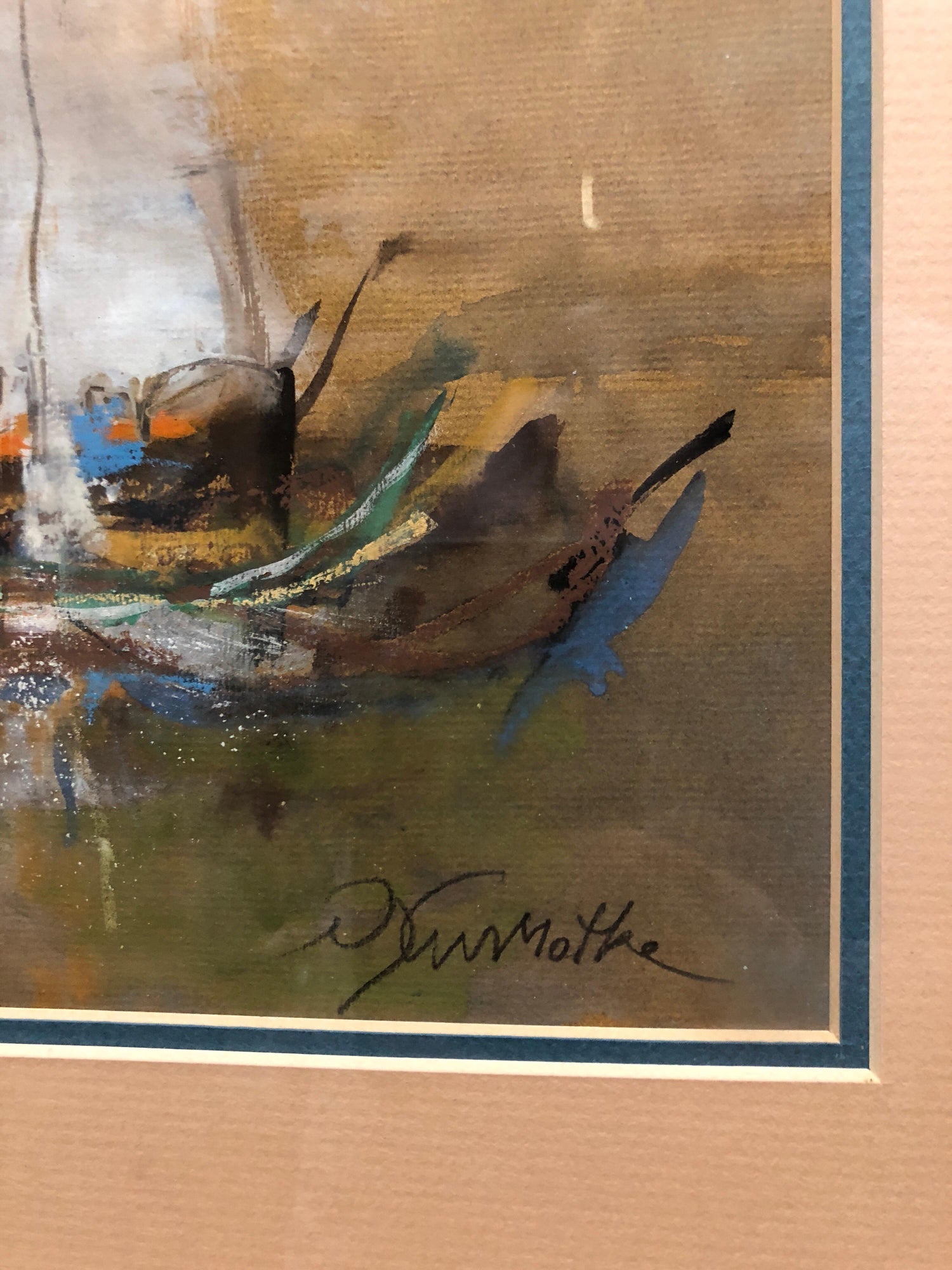 Israeli Modernist Abstract Expressionist Gouache Painting Boats
