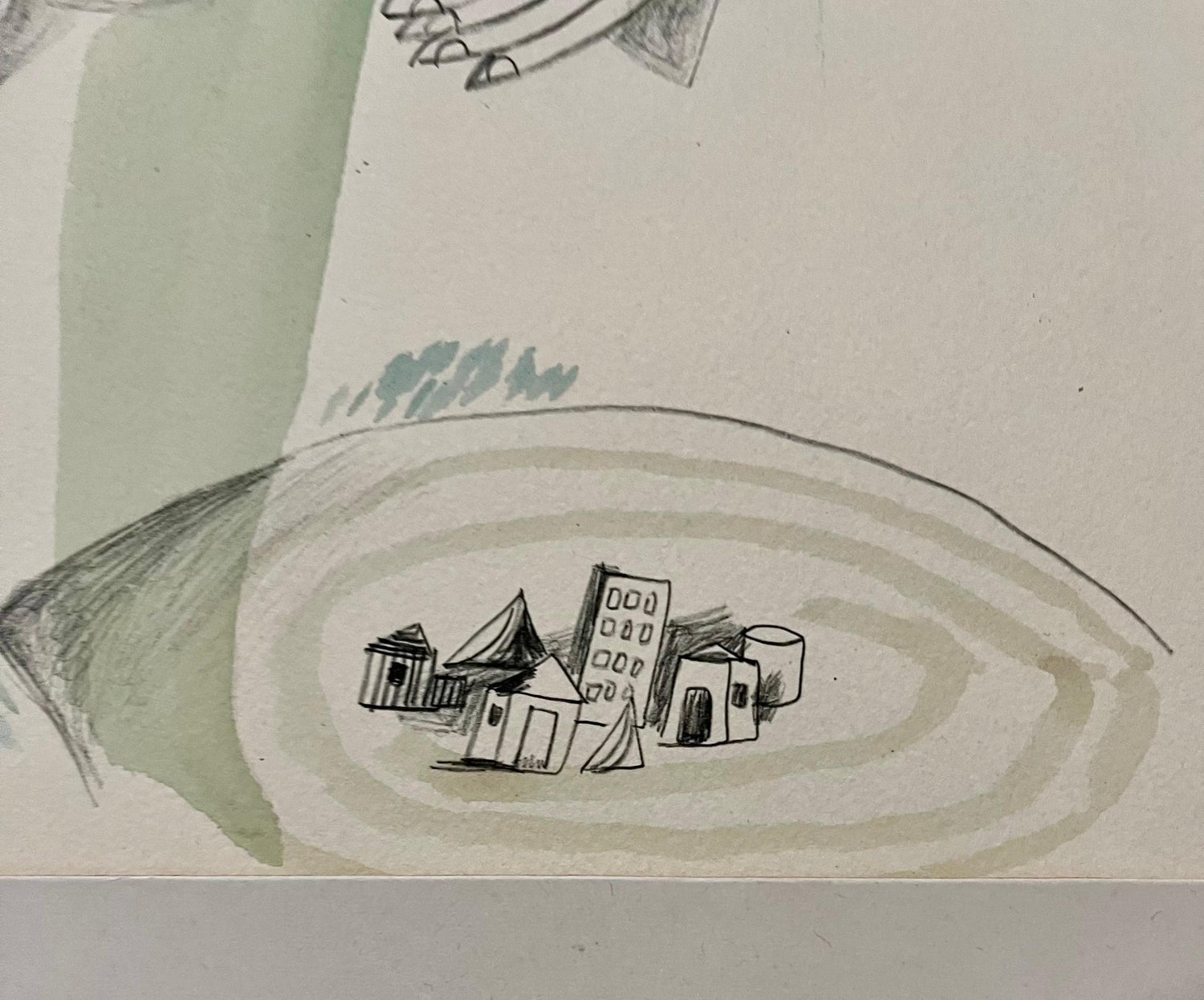 Rare Israeli Modernist Judaica Watercolor Painting on Lithograph Naftali Bezem