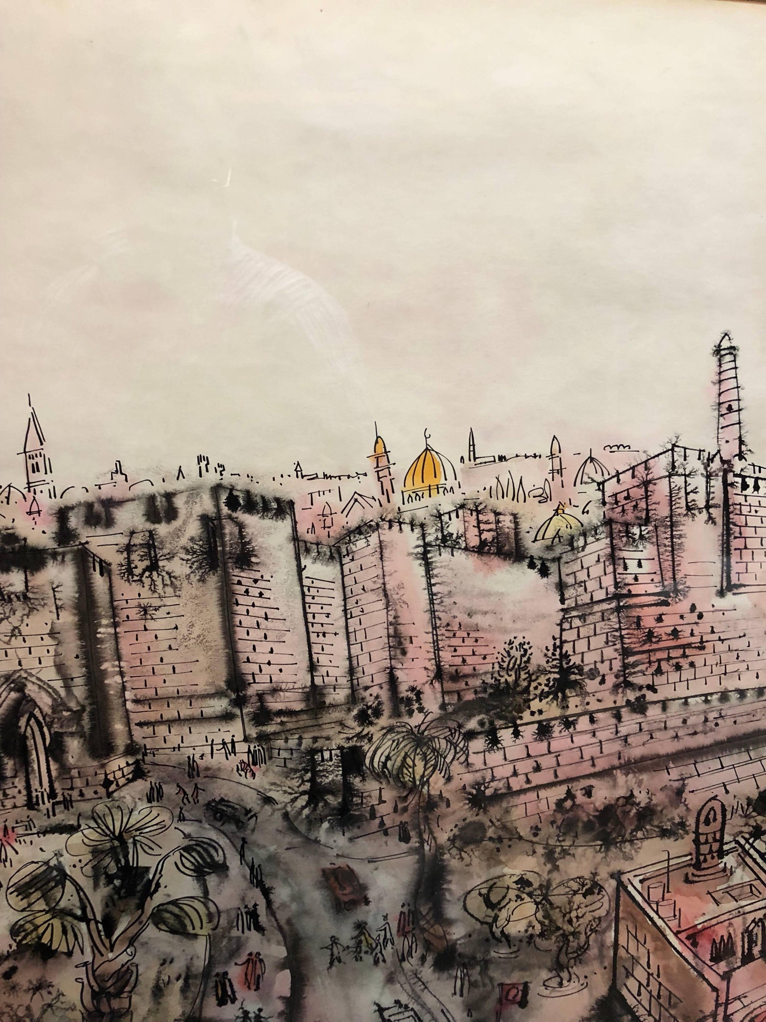 Old City Jerusalem City Walls landscape Scene Painting, Judaica