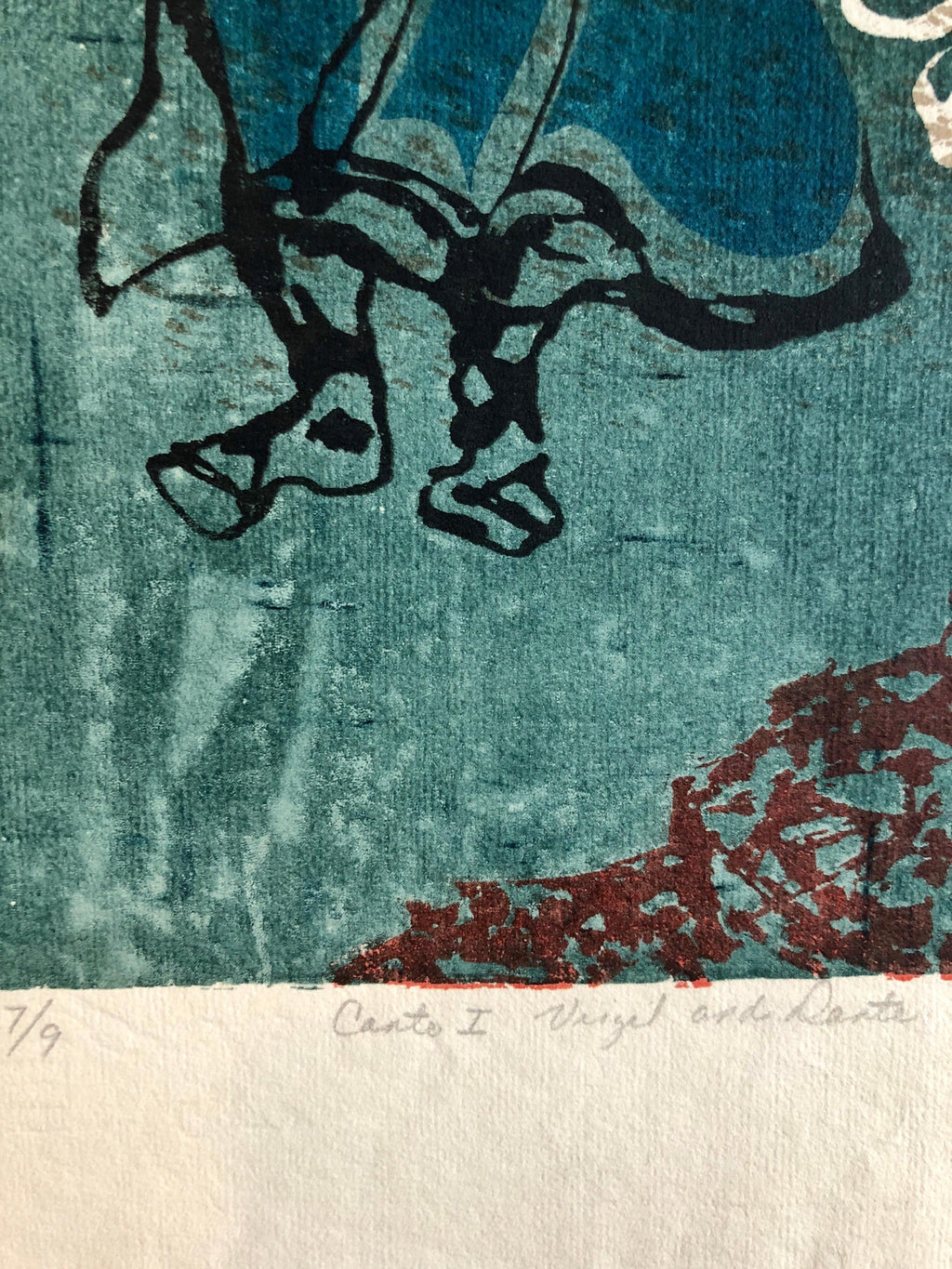 Vintage Vibrant Mod Divine Comedy Dante Virgil Woodblock Woodcut Print