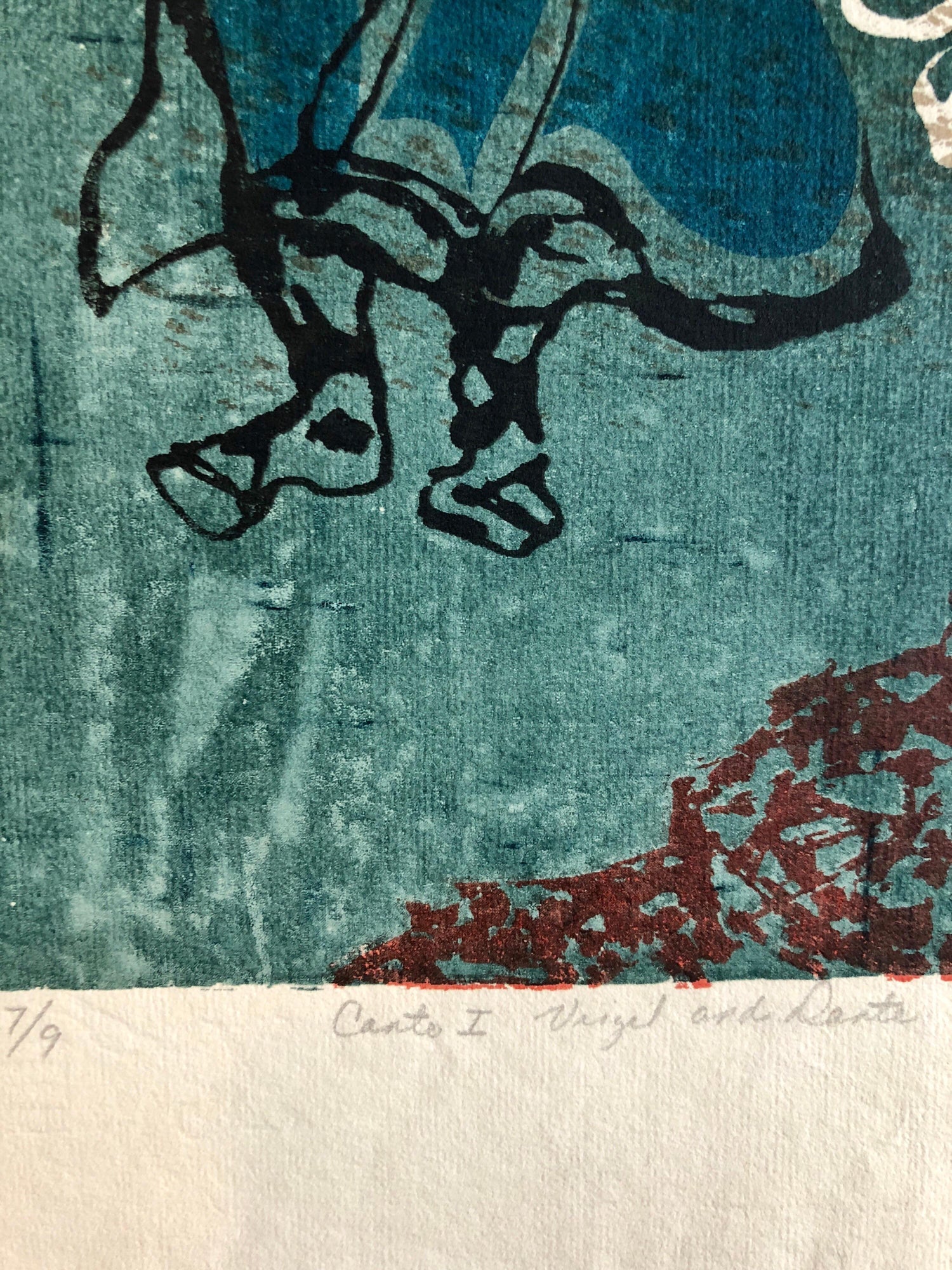 Vintage Vibrant Mod Divine Comedy Dante Virgil Woodblock Woodcut Print