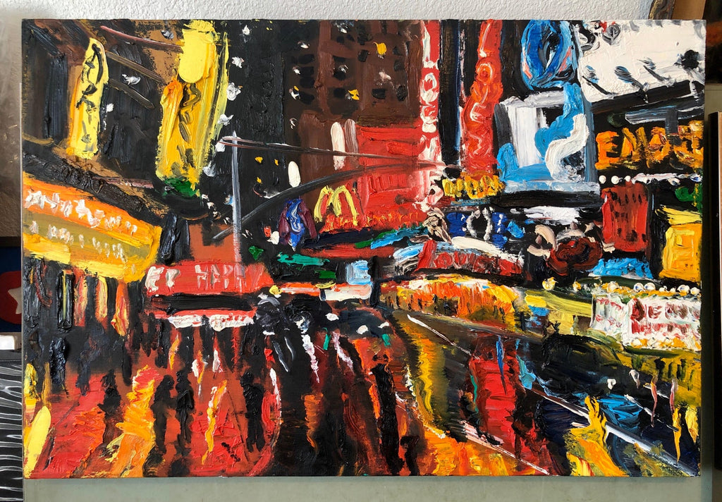 Vibrant New York City Times Square, Figural Abstract Expressionist Oil Painting