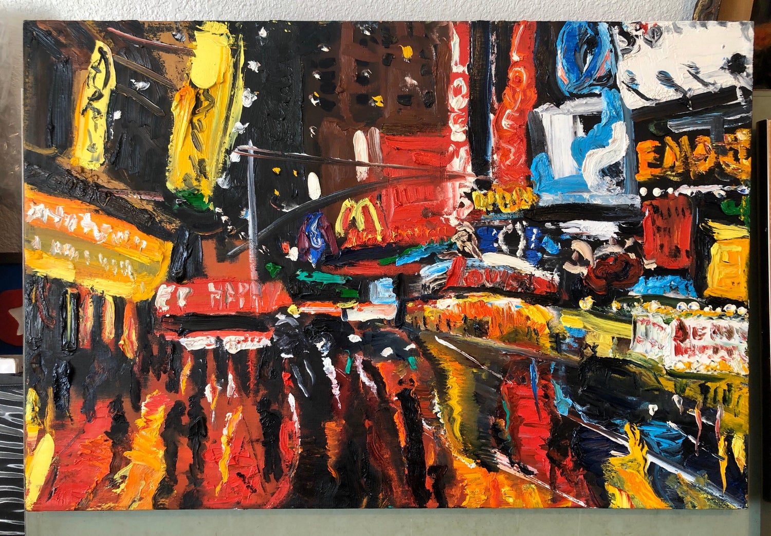 Vibrant New York City Times Square, Figural Abstract Expressionist Oil Painting