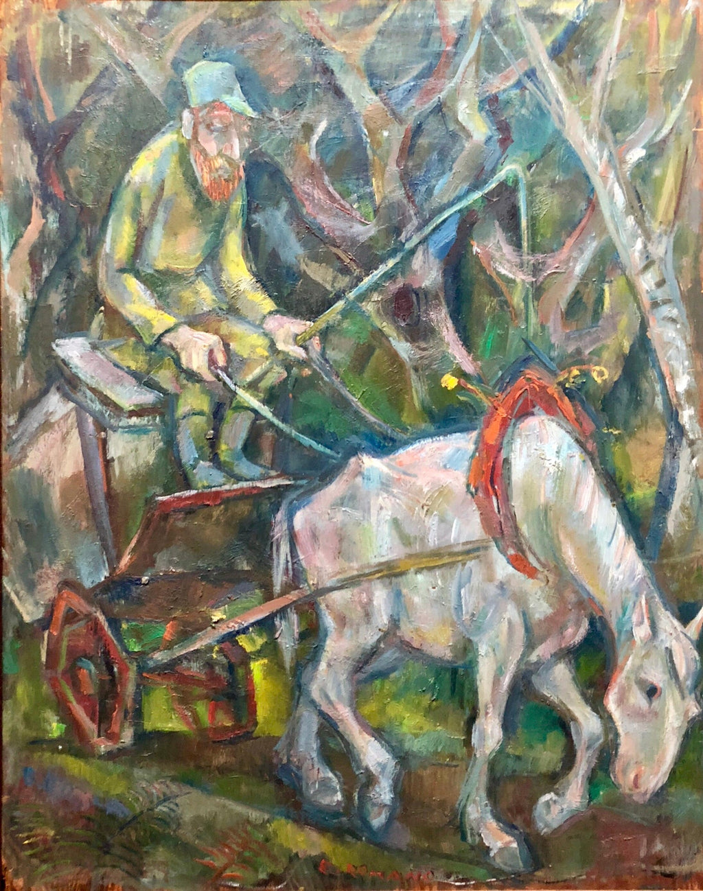 Large Modernist Oil Painting 1940s, Judaica Hasidic Shtetl Wagon Driver WPA Era