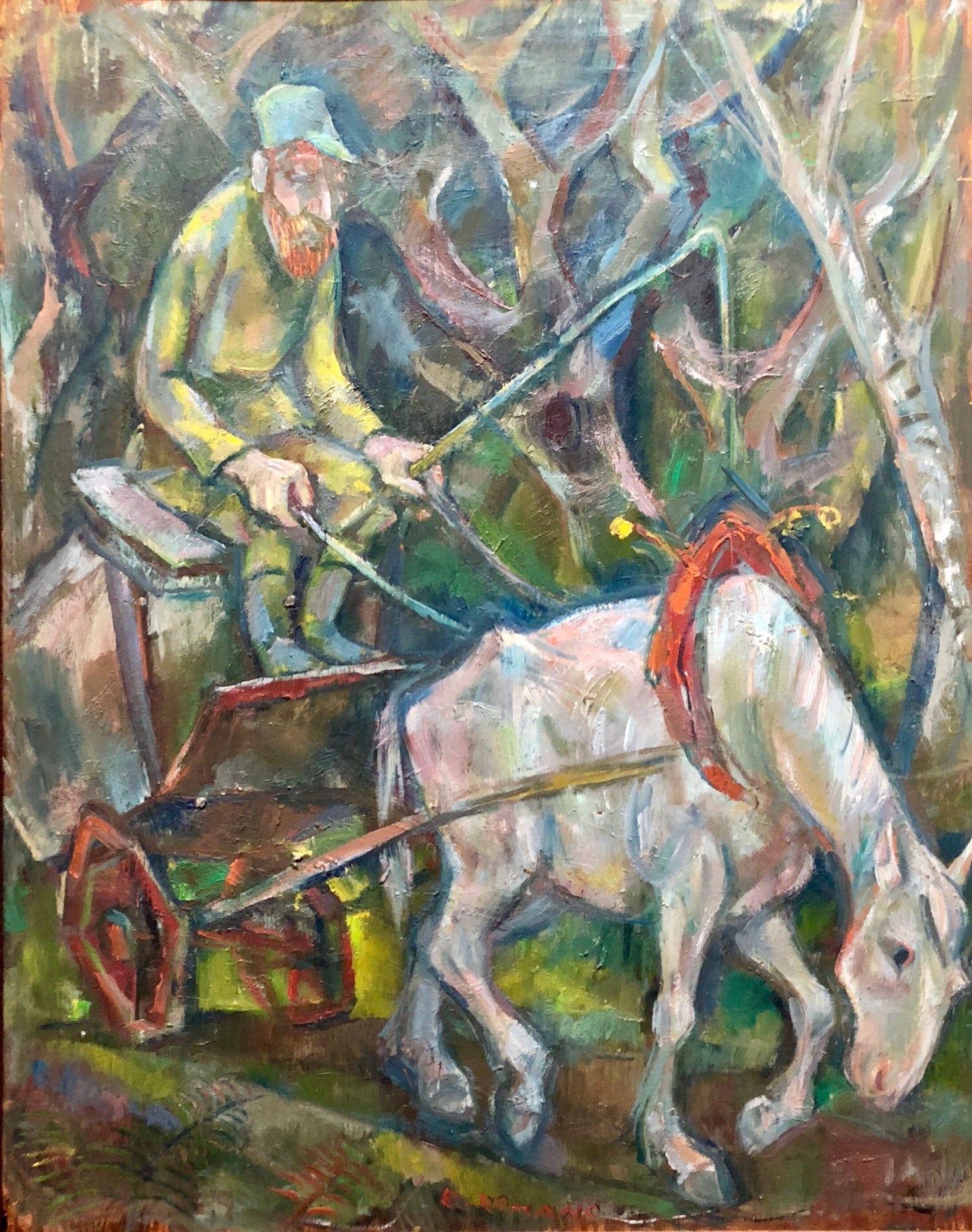 Large Modernist Oil Painting 1940s, Judaica Hasidic Shtetl Wagon Driver WPA Era