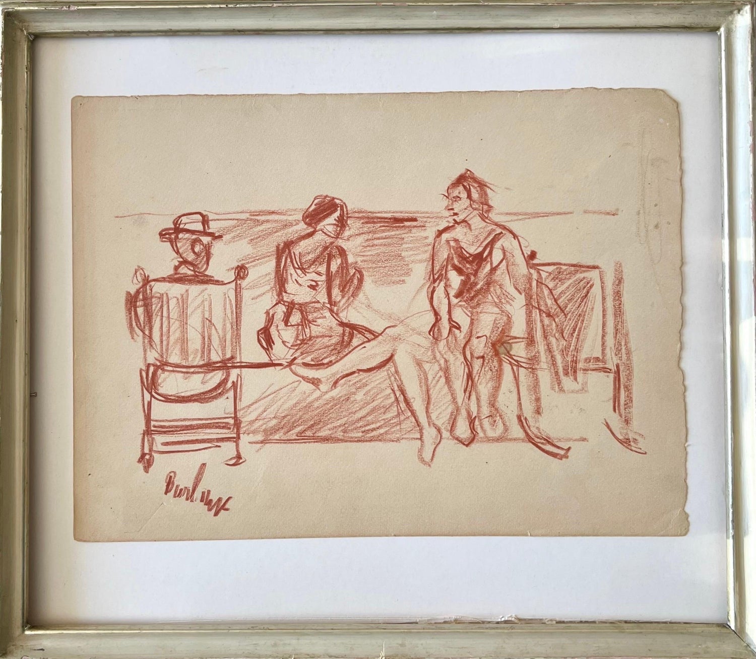 Modernist Conte Crayon Drawing Beach Scene David Burliuk Russian Futurist