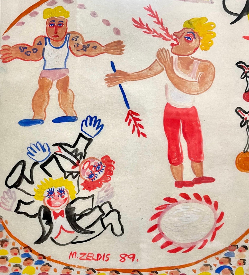 Malcah Zeldis Folk Art Gouache Painting Outsider Artist Circus Fire Eater, Tiger