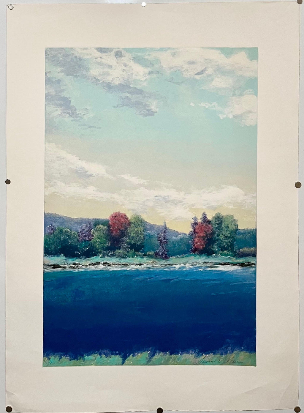 Large Monotype Monoprint Print Scenic Lake Landscape Susan Hall Woman Artist
