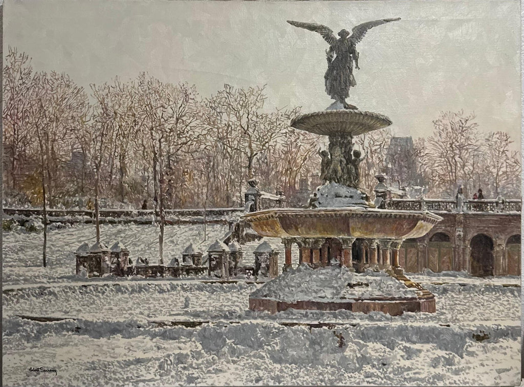 Large Oil Painting Central Park in Winter Robert Sarsony New York City in Snow
