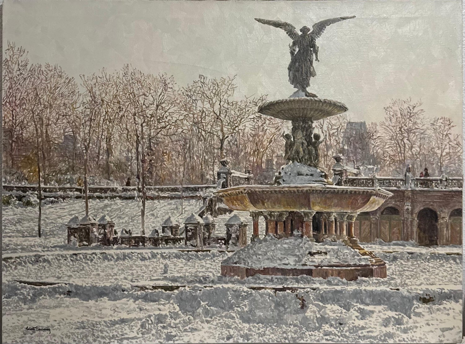 Large Oil Painting Central Park in Winter Robert Sarsony New York City in Snow