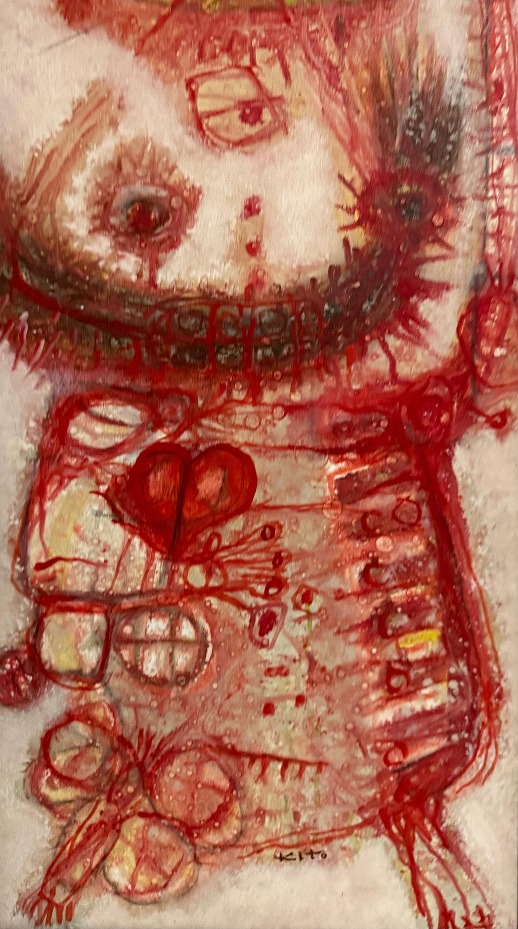 1963 French Japanese Art Brut Abstract Oil Painting Akira Kito Diable et Rouge