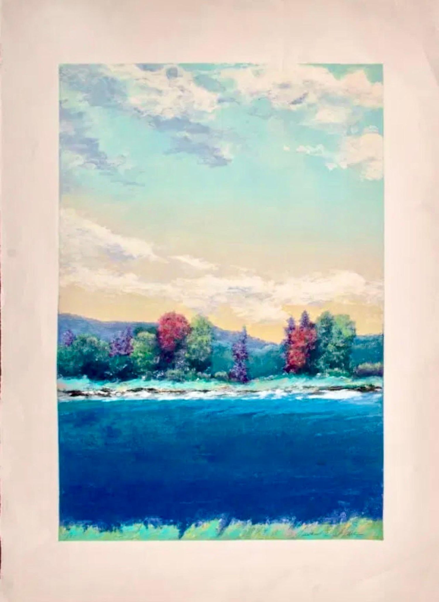 Large Monotype Monoprint Print Scenic Lake Landscape Susan Hall Woman Artist