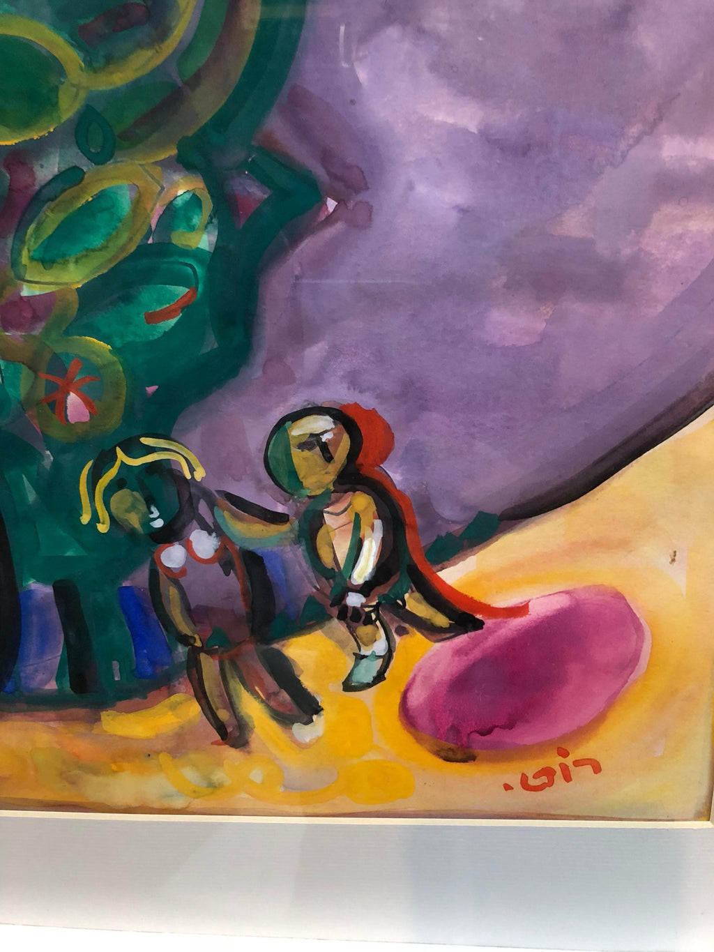 Israeli Kibbutz Artist Judaica Shul Torah Ark Surrealist Gouache Painting