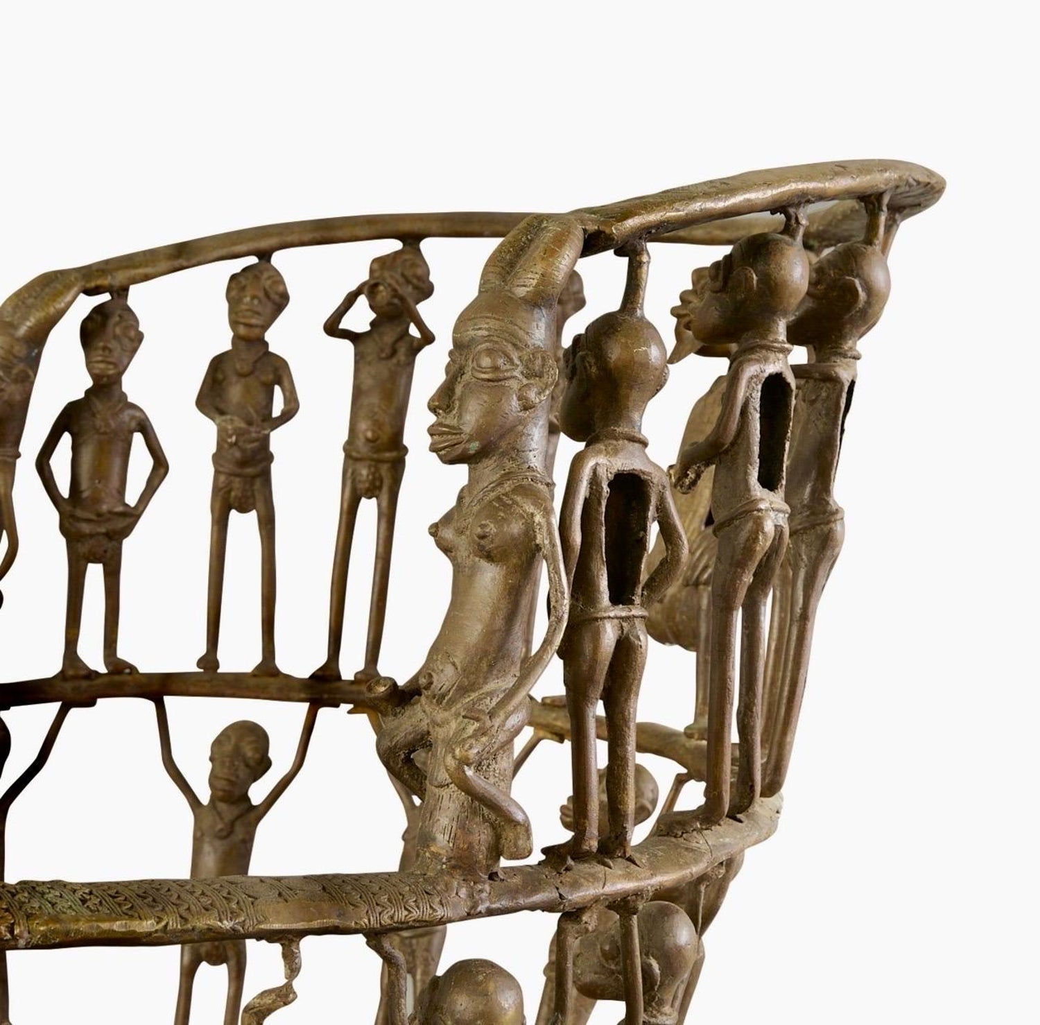 Rare African Solid Benin Bronze Ceremonial Throne Chair Multi Figure Sculpture