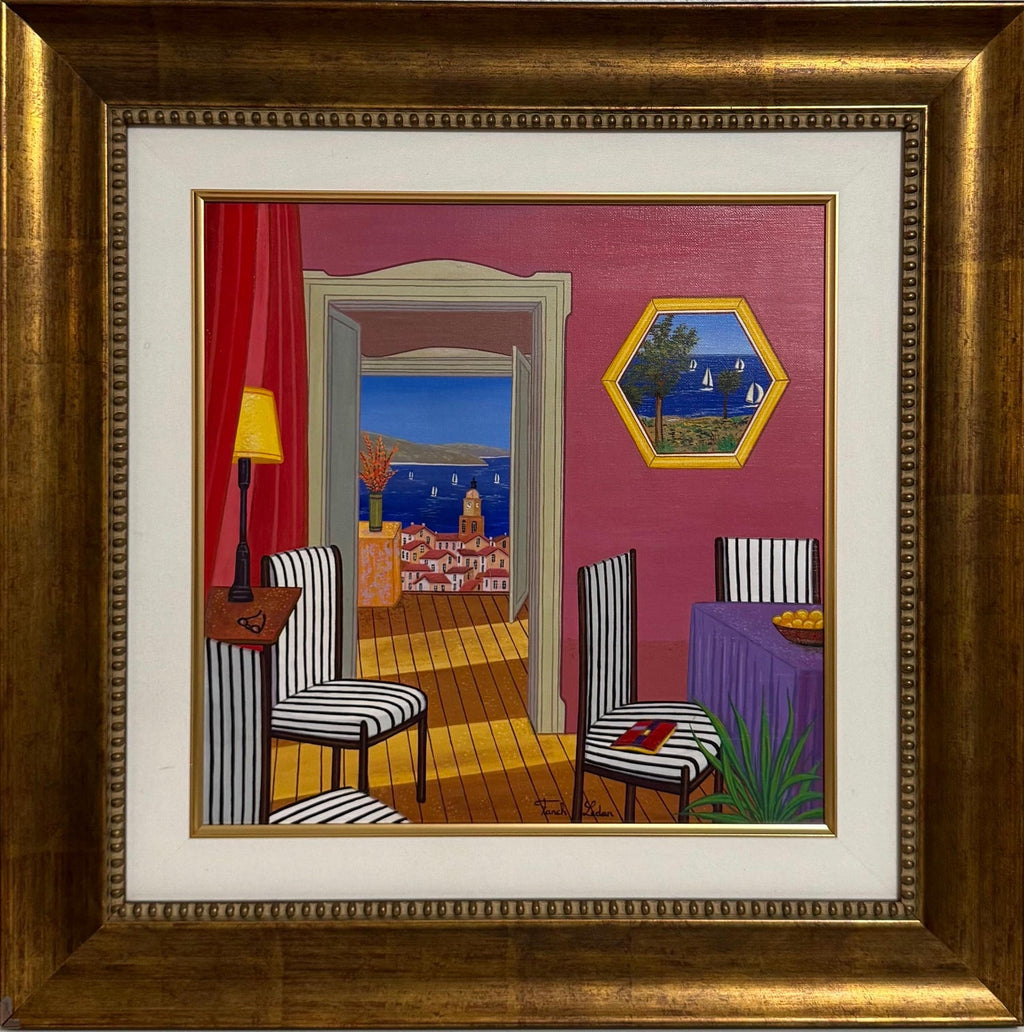 Whimsical Naive Mediterranean Seaside Interior Folk Art Oil Painting Fanch Ledan