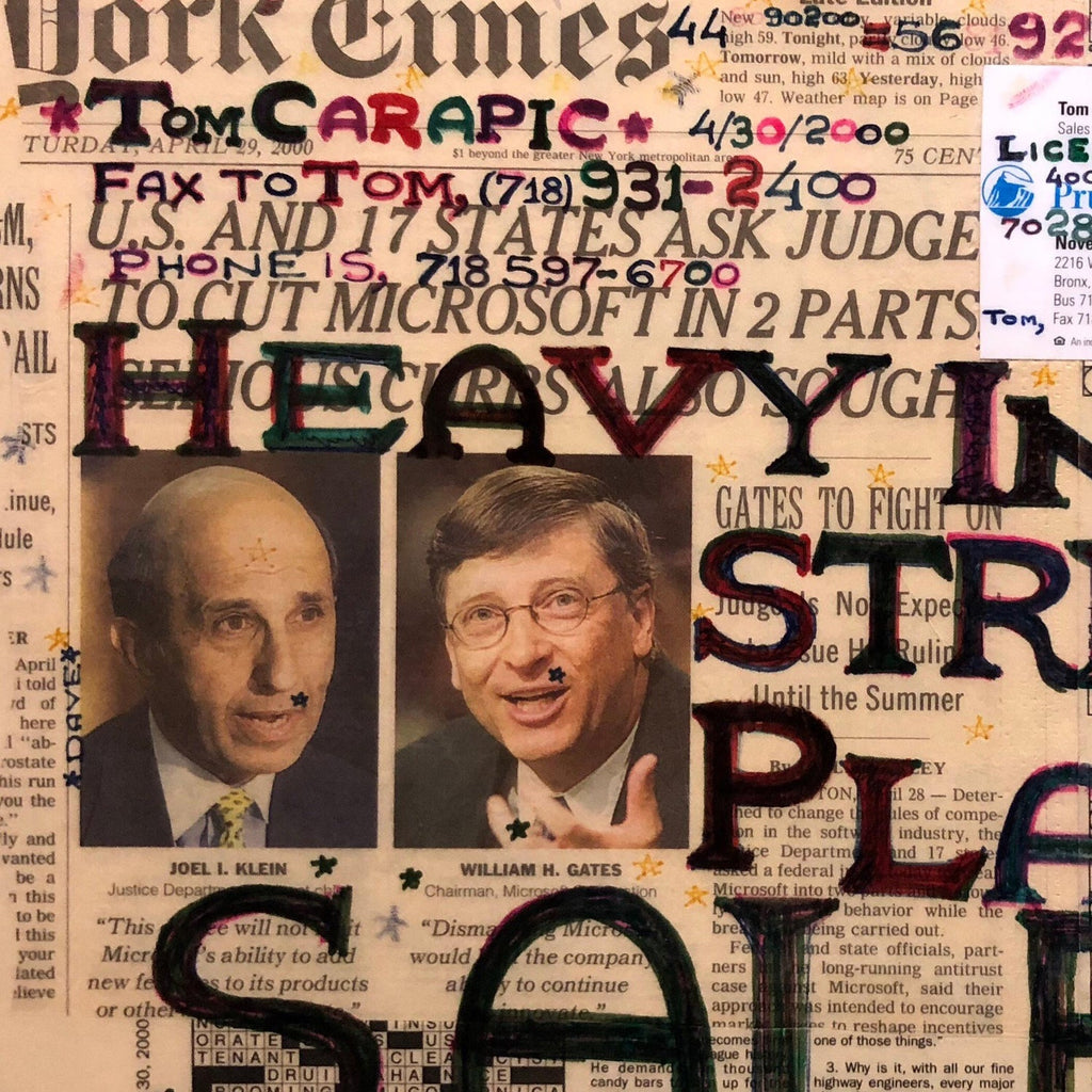 Mixed Media Outsider Visionary Art Newspaper Collage Bill Gates Laminated 2 side