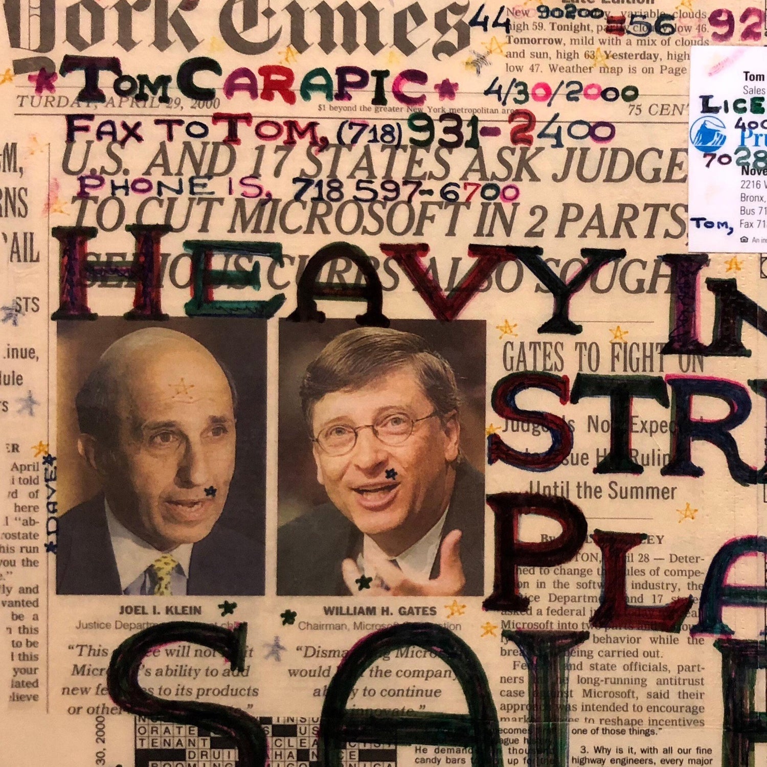Mixed Media Outsider Visionary Art Newspaper Collage Bill Gates Laminated 2 side