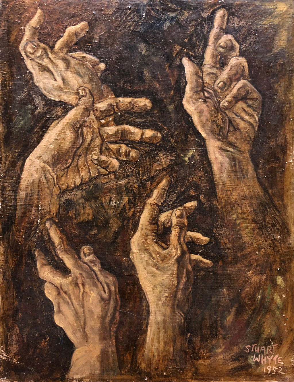 1950s Academic Realistic Study of Hands Oil Painting Signed Stuart Whyte