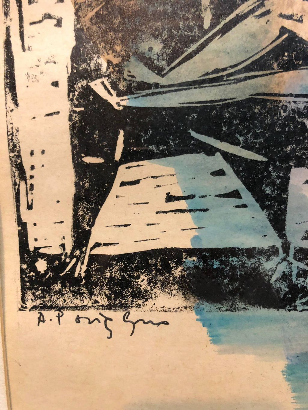 Abstract with Figures Israeli Mid Century Modernist Woodcut Watercolor Painting