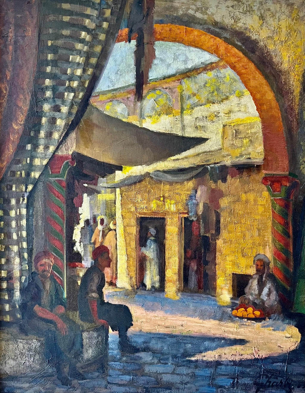 Large Orientalist Arab Oil Painting Merchants at the Bazaar Souq Jalal Gharbi