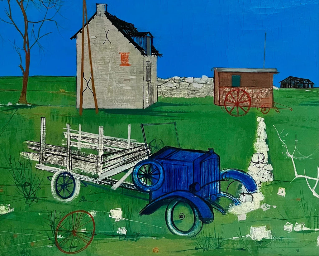 1950's Mid Century French Modernism Abandoned Fiat Automobile Art  Oil Painting