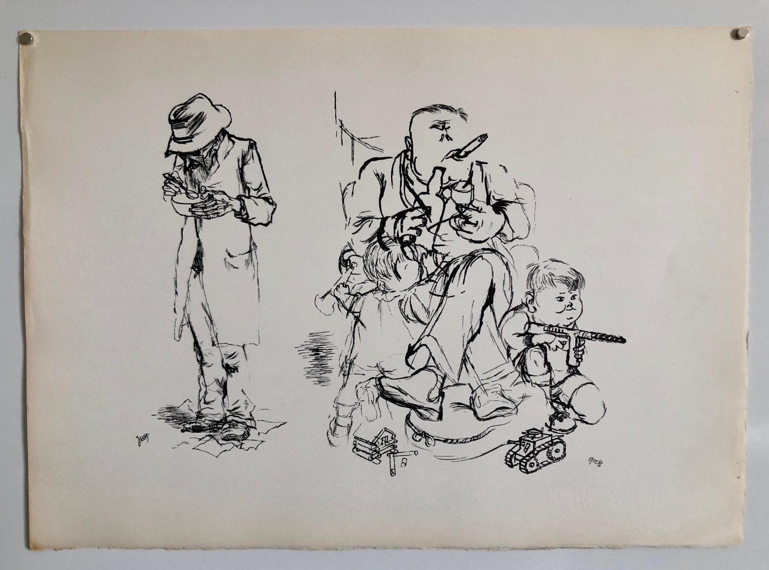 1936 Lithograph Interregnum, Cigar, Kid w Toy Gun,  Small Edition Weimar Germany