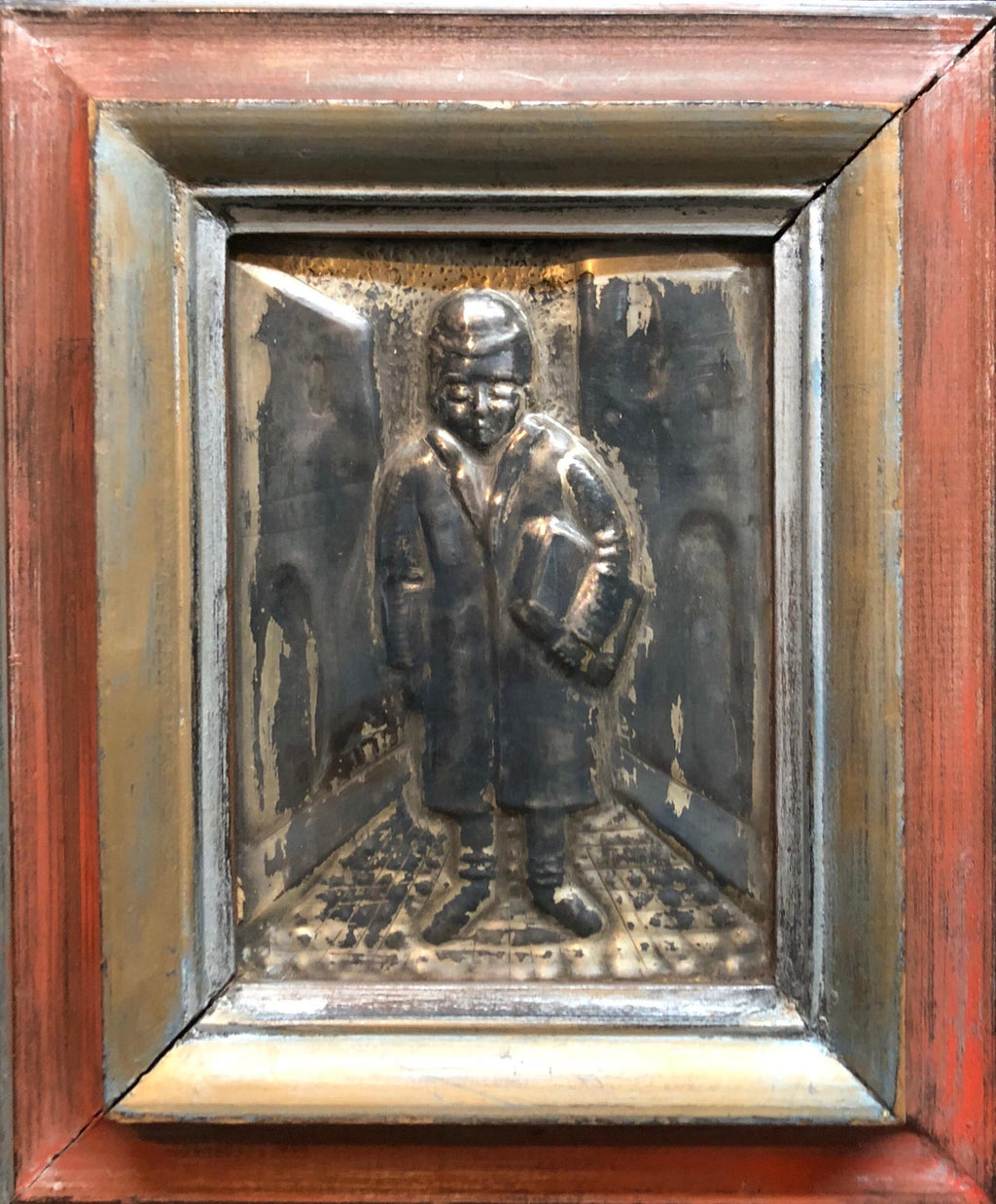 Judaica Silvered Copper Repousse Sculpture Relief Plaque Shtetl Yeshiva Bochur