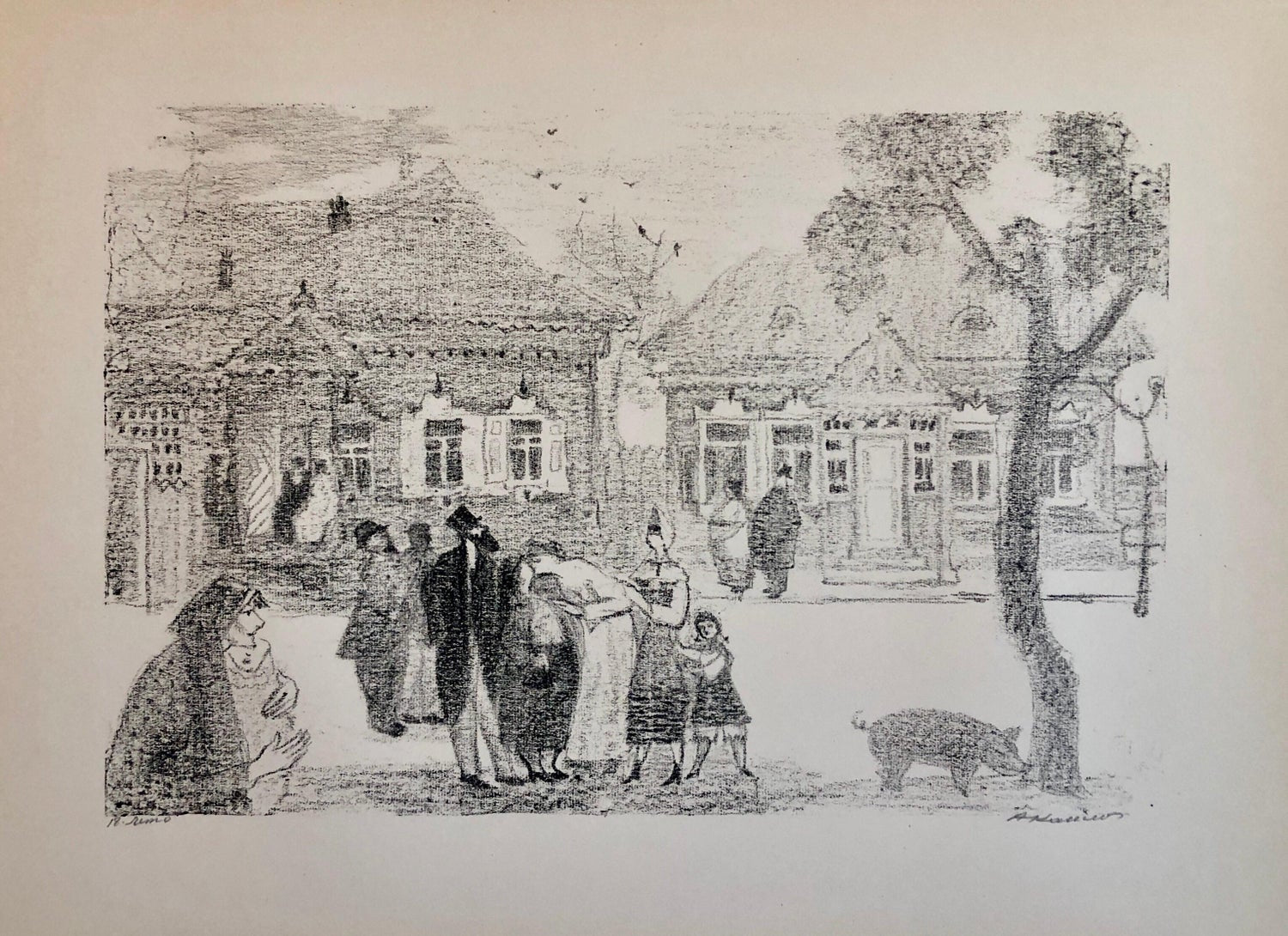 Vintage Russian Ukrainian Shtetl Scene Judaica Lithograph Jewish City Faces