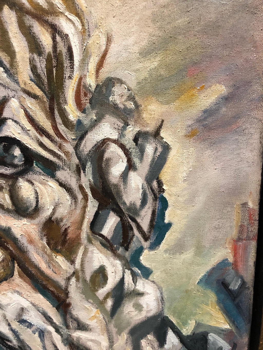 Holocaust Memorial Oil Painting Judaica Rabbi Composed of Figures WPA Artist