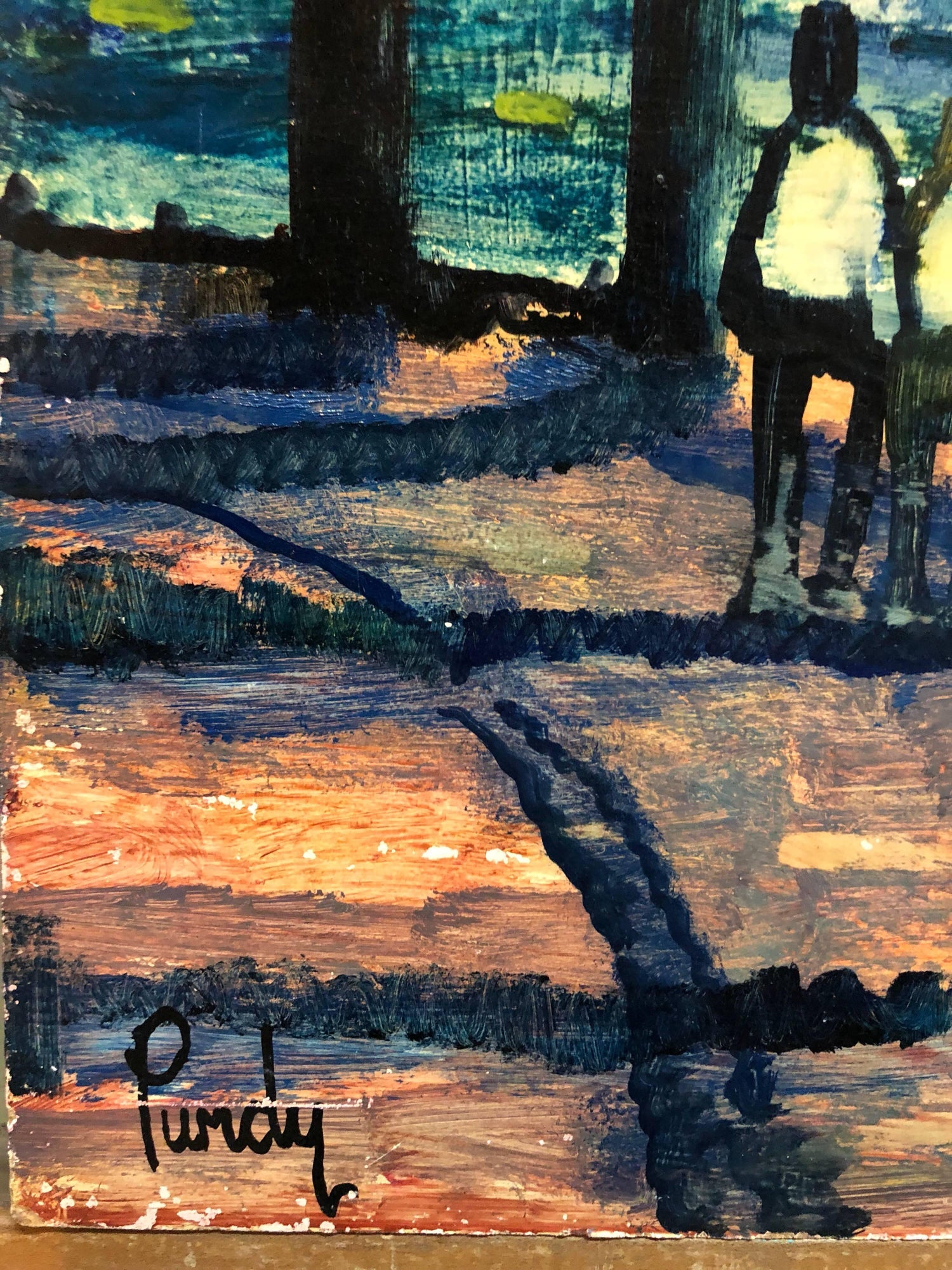 River Walk, American Modernist Oil Painting Landscape with  River and Boats
