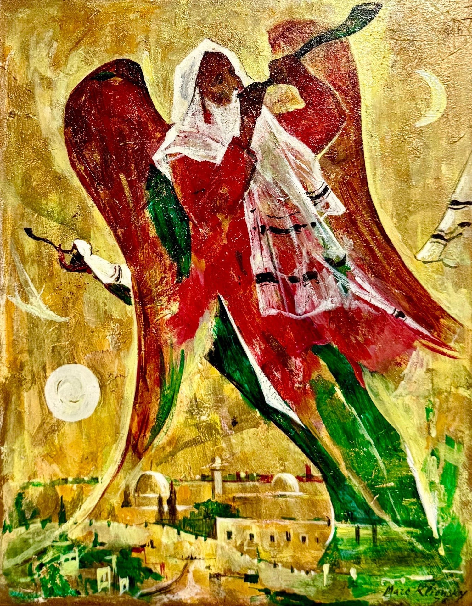 Post Soviet Russian Jewish Oil Painting Marc Klionsky Jerusalem Angel & Shofar