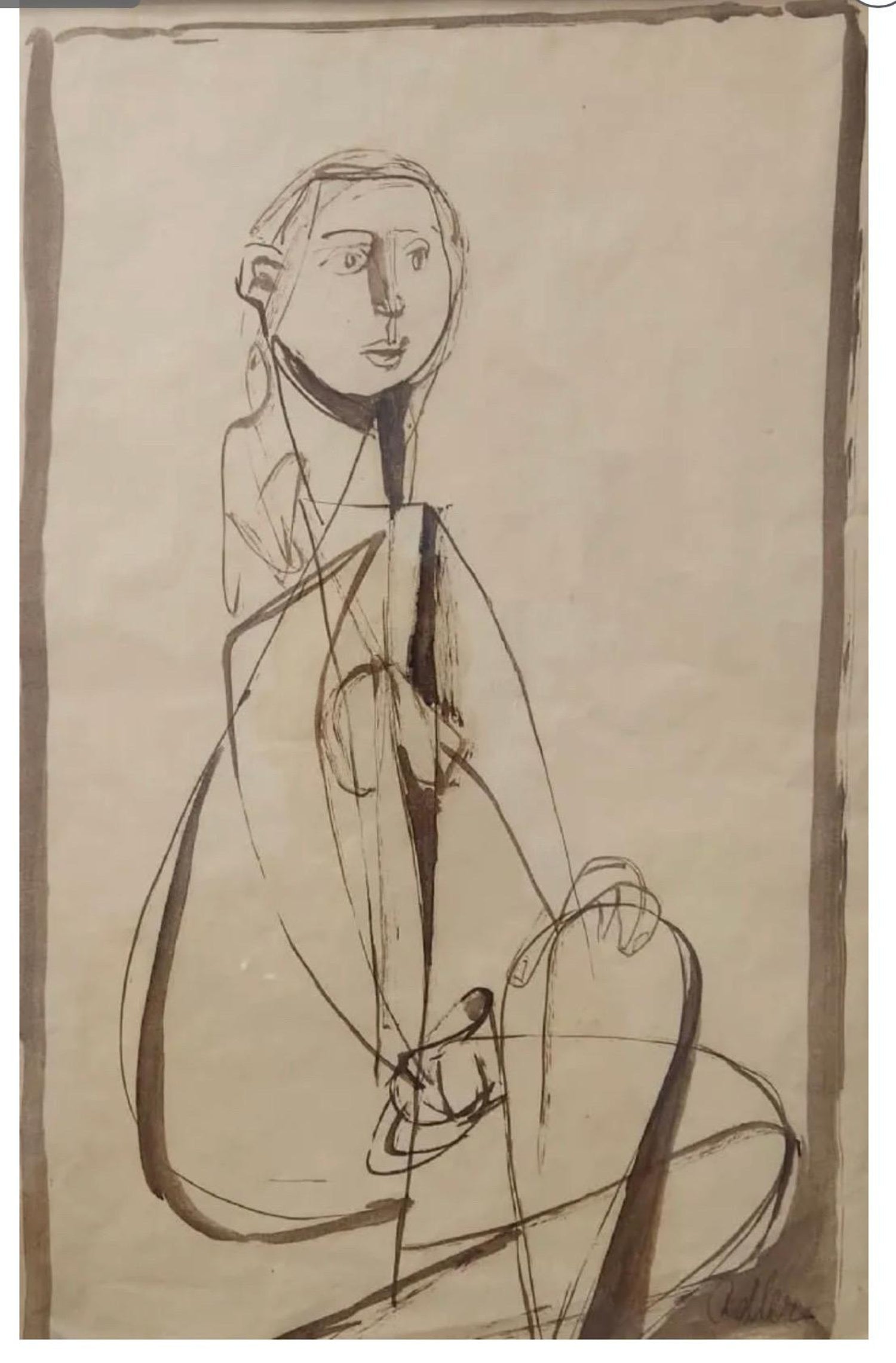 Modernist Ink and Wash Drawing, Painting Jankel Adler Woman Model Ecole De Paris