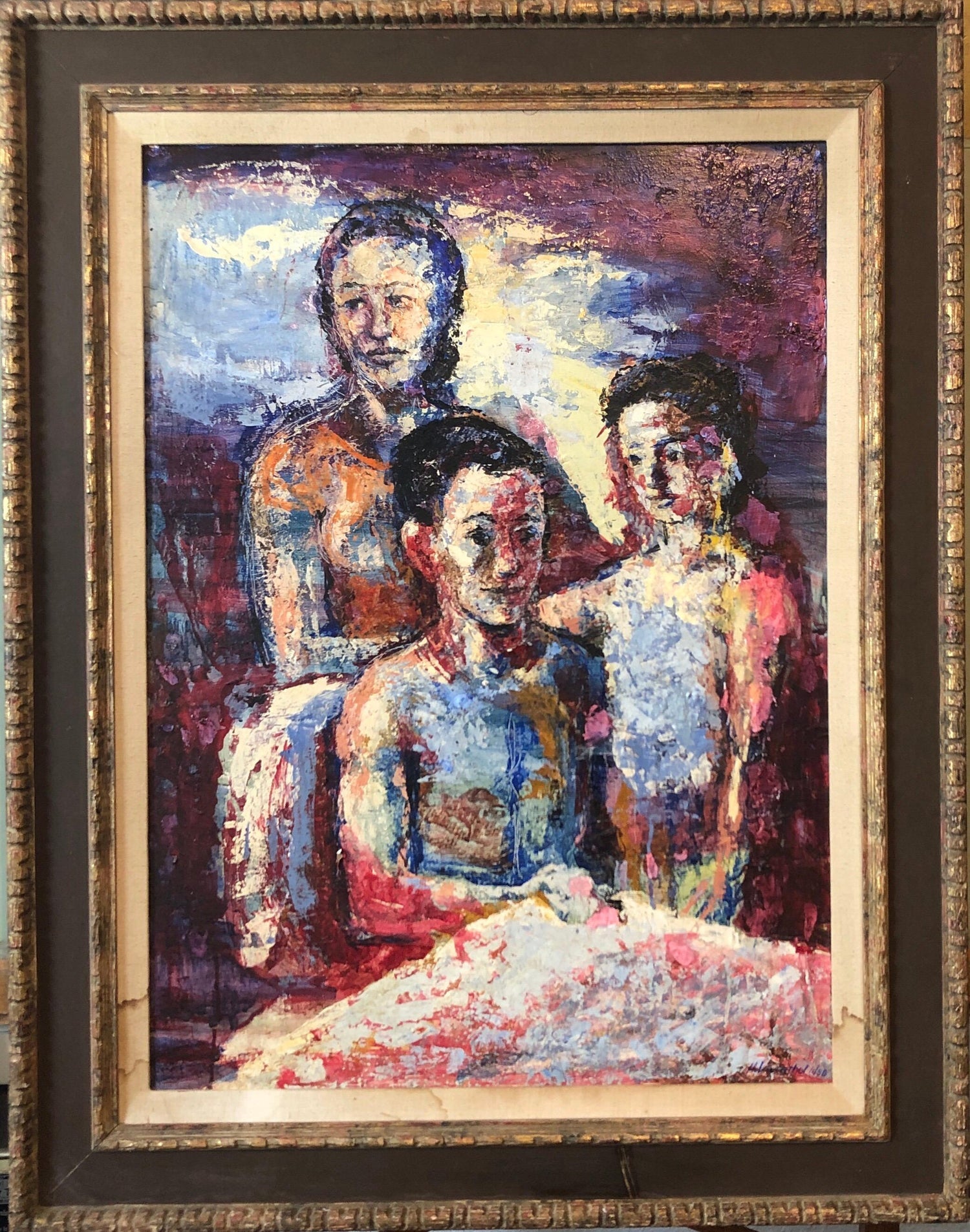 Modernist Oil Painting Social Realist Kids and Cat in Red Wagon WPA Style