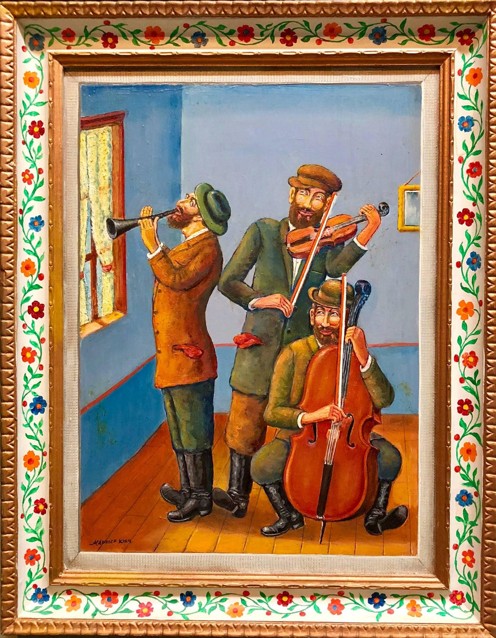 Three Klezmer Musicians Modern Judaica Shtetl Oil Painting WPA Jewish artist