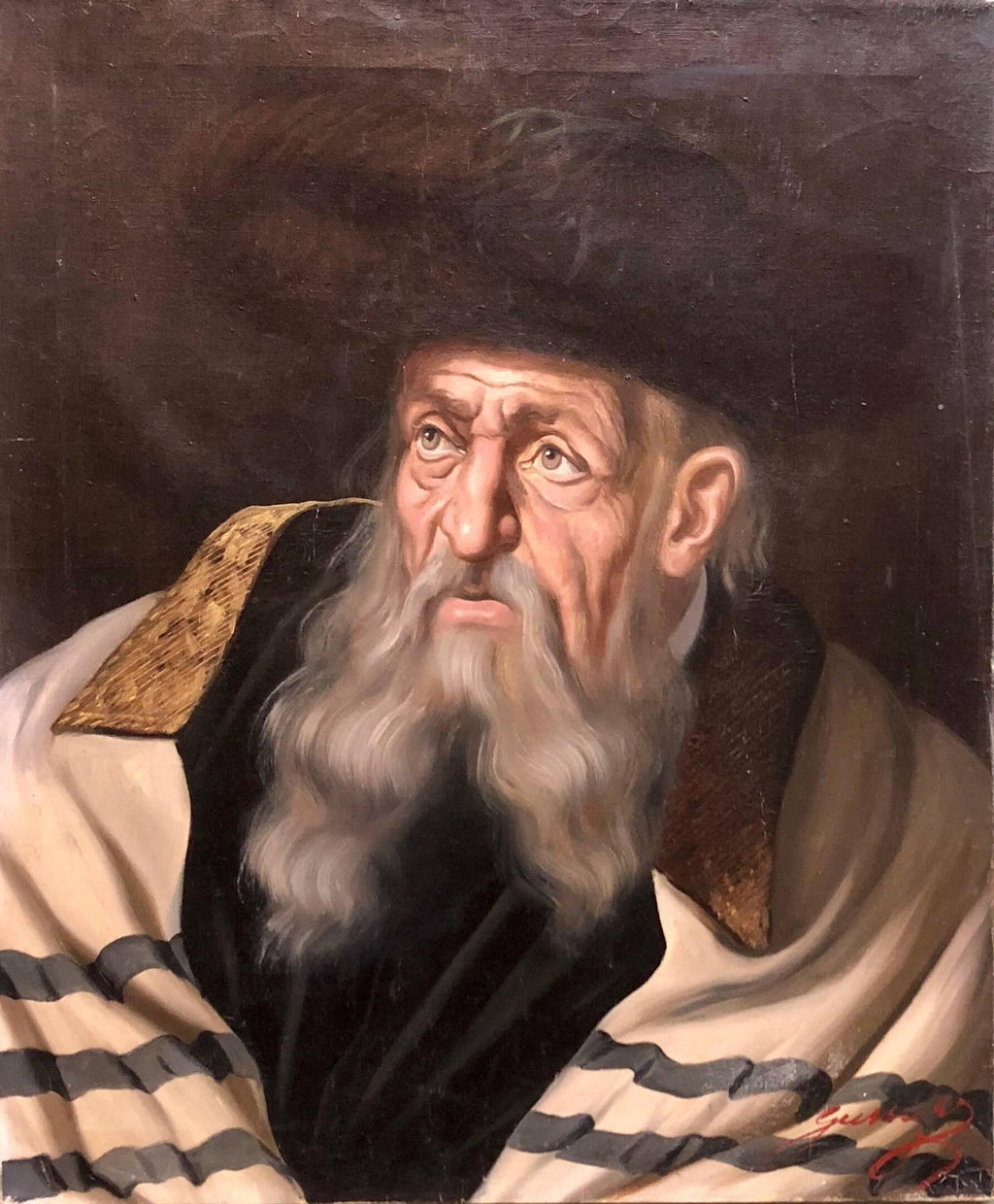 Hungarian Rabbi Judaica Oil Painting Hasidic Rabbi with Shtreimel