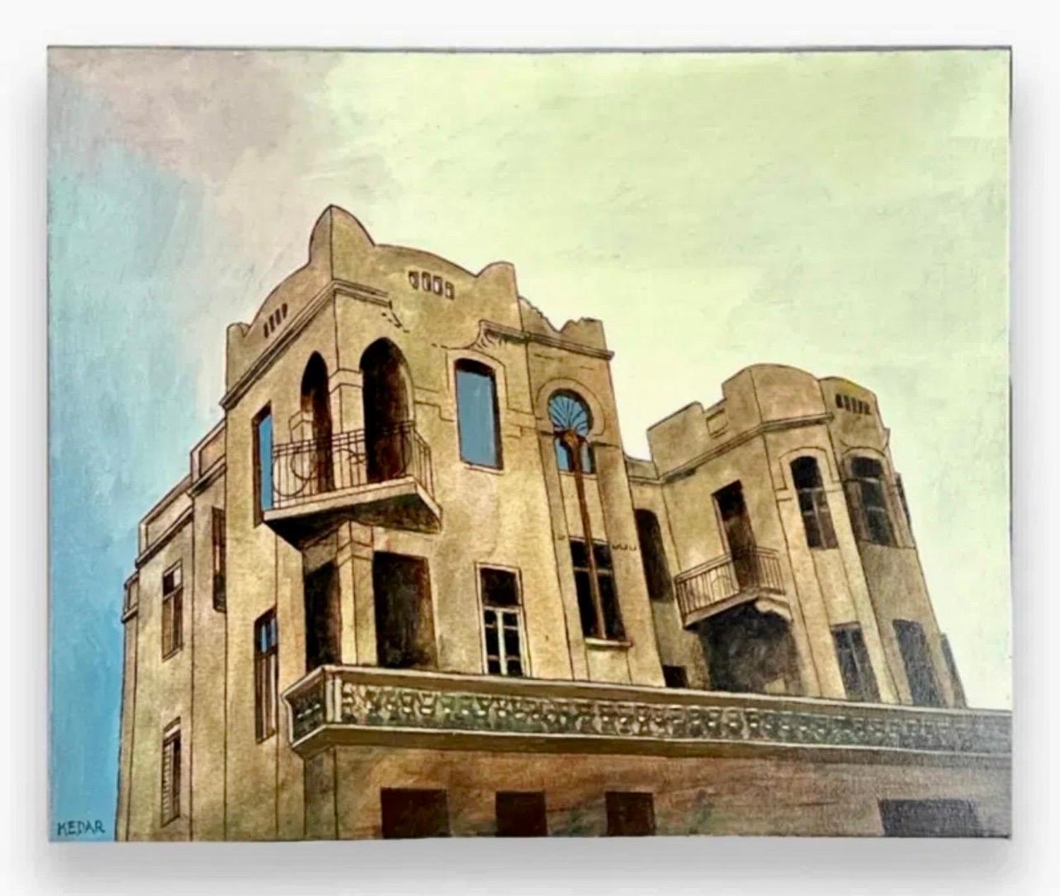 Israeli Modernist Oil Canvas Architecture Painting Dan Kedar, Bezalel Artist
