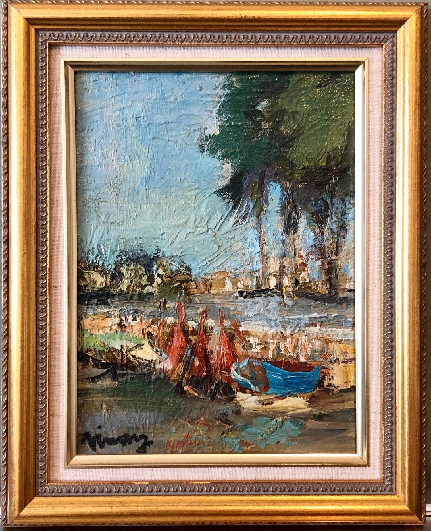 Israeli Modernist Abstract Expressionist Gouache Painting Boats