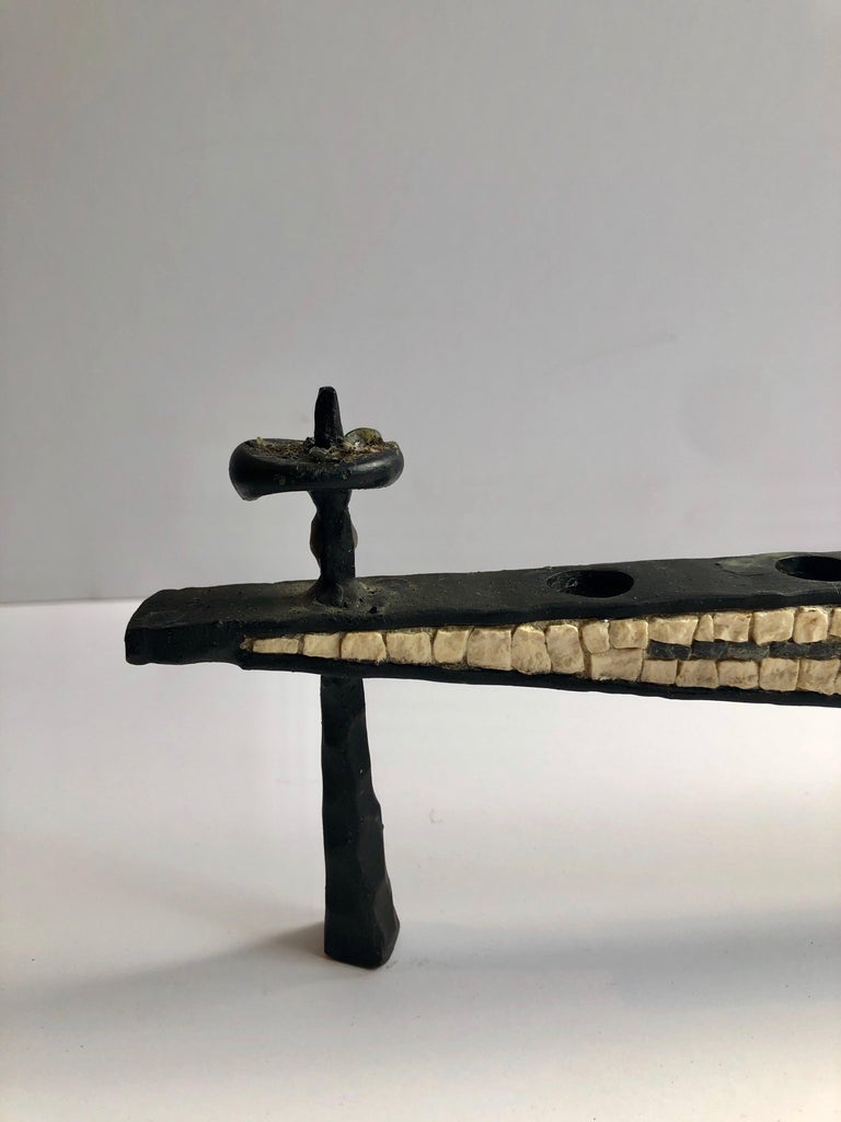 Brutalist Hand Forged Iron Mosaic Sculpture Menorah Israeli David Palombo