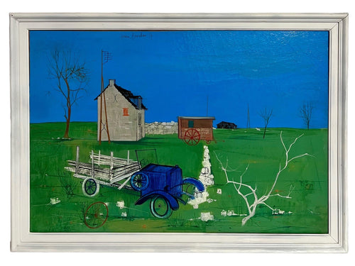 1950's Mid Century French Modernism Abandoned Fiat Automobile Art  Oil Painting