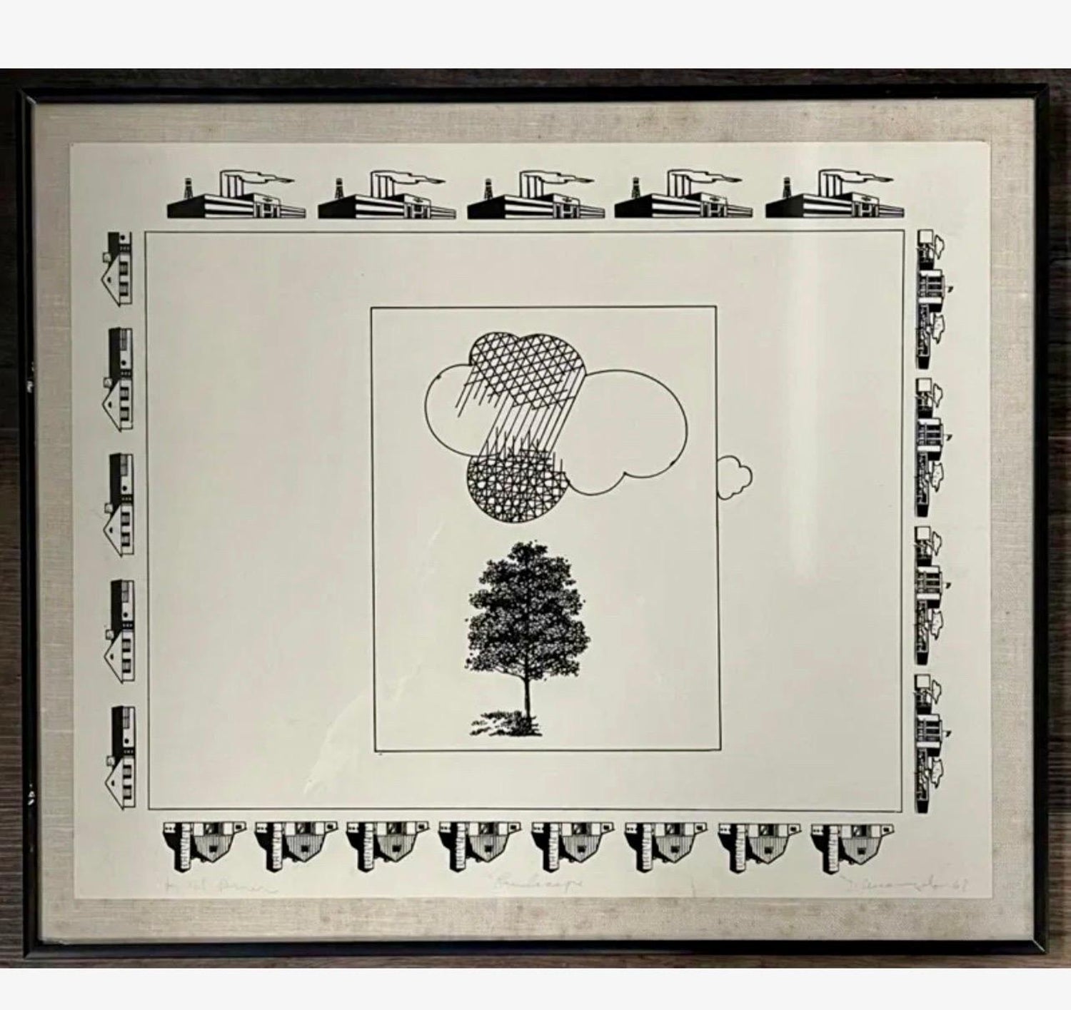 Rare Original 1967 Minimalist Mod Pop Art Allan D'Arcangelo Unique Ink Drawing