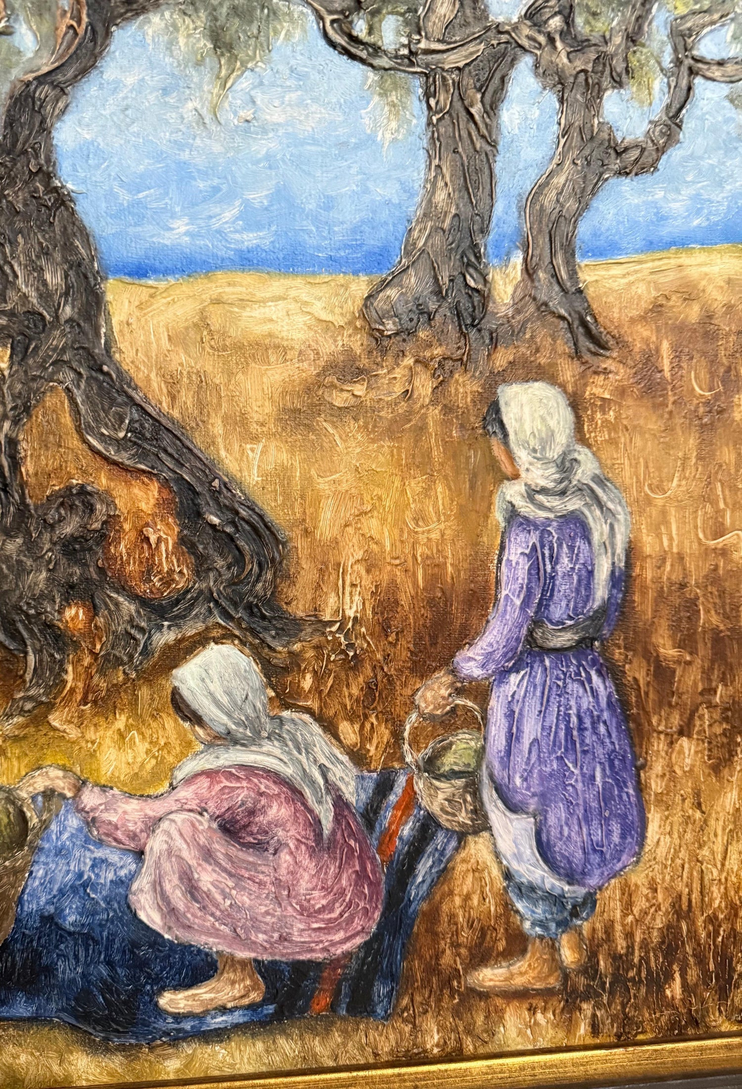 Modernist Picnic Olive Trees Israel Landscape Oil Painting Zvi Livni Israeli Art