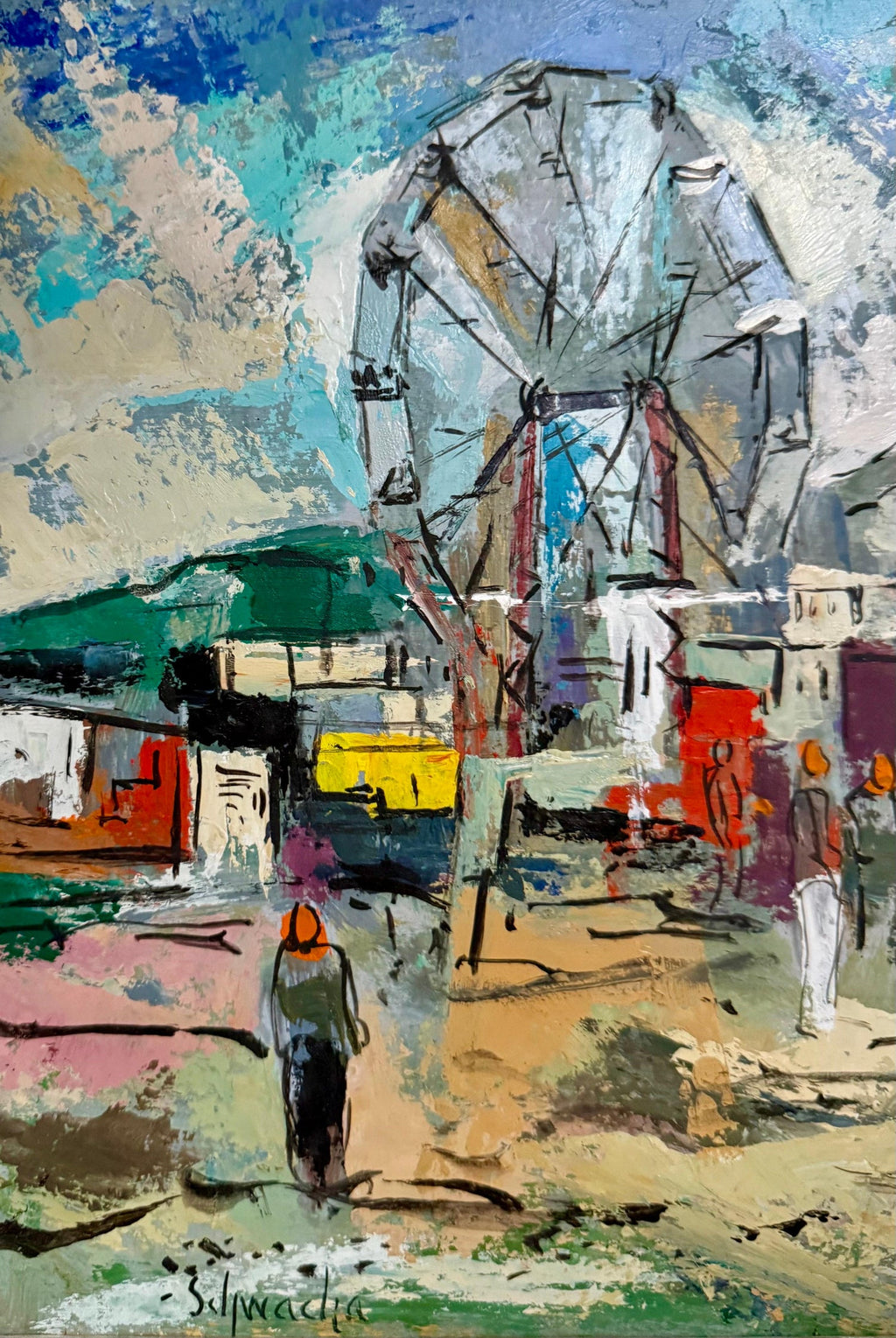 Modernist Oil Painting George Schwacha Carnival Circus Big Top Ferris Wheel WPA