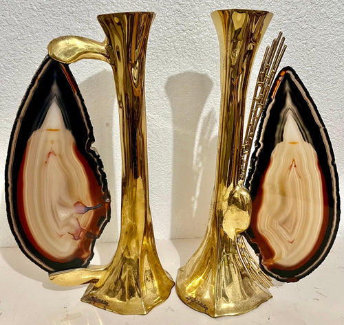 1970s French Brass & Raw Mineral Agate Specimen Sculpture Art Candlesticks Pair
