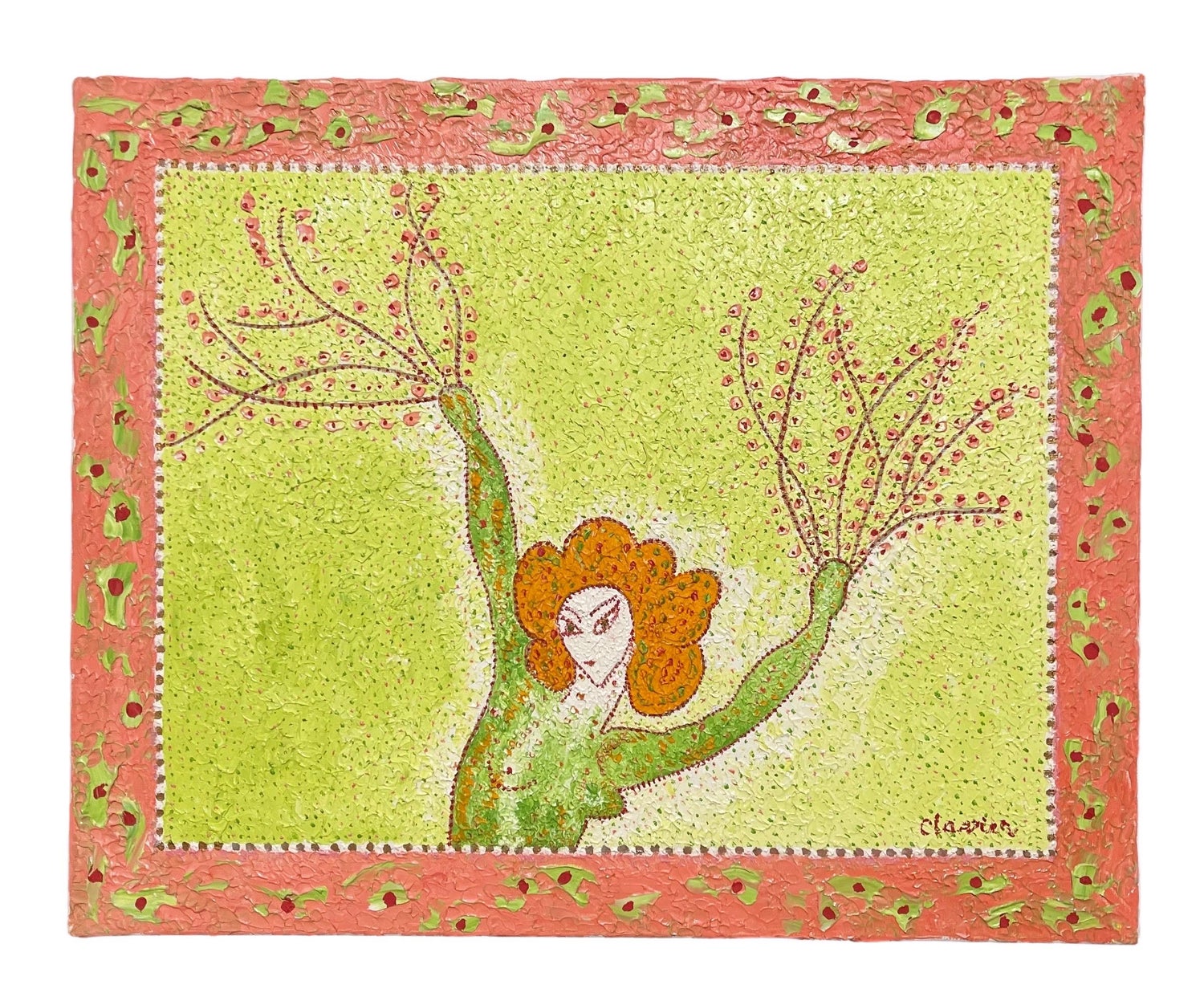 Girl & Plants Enamel Glazed Ceramic Plaque Israeli Artist Awret Naive Folk Art