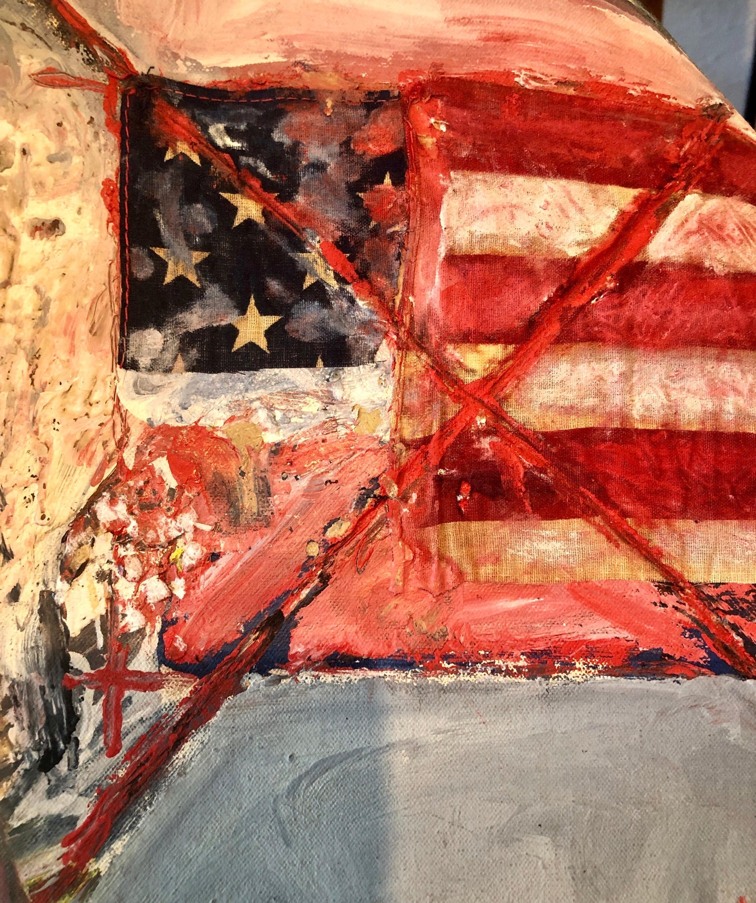 Abstract Expressionist Happy Bicentennial Baby, American Flag Collage Painting