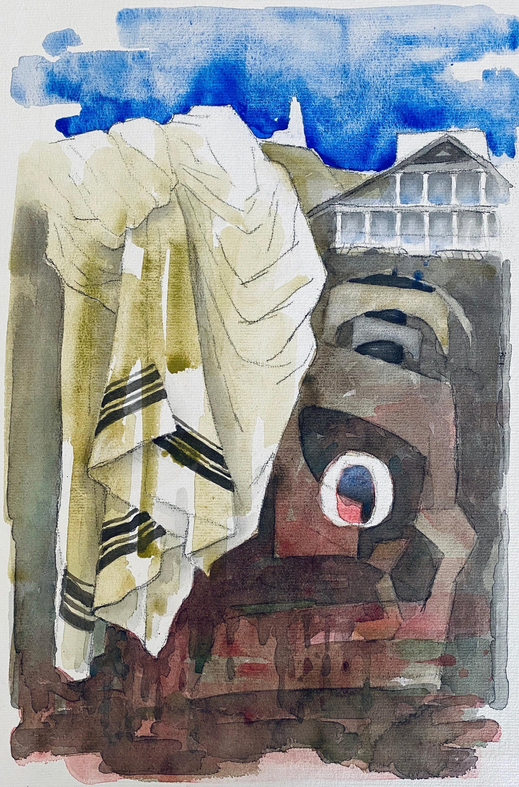 Chaim Gross Mid Century Mod Judaica Jewish Watercolor Painting Rabbis WPA Artist