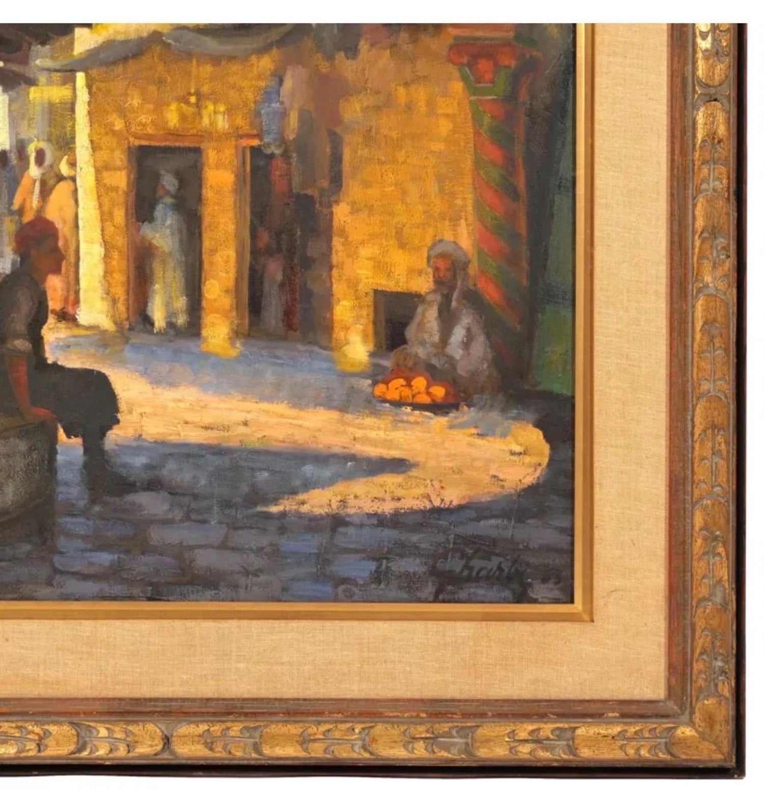 Large Orientalist Arab Oil Painting Merchants at the Bazaar Souq Jalal Gharbi