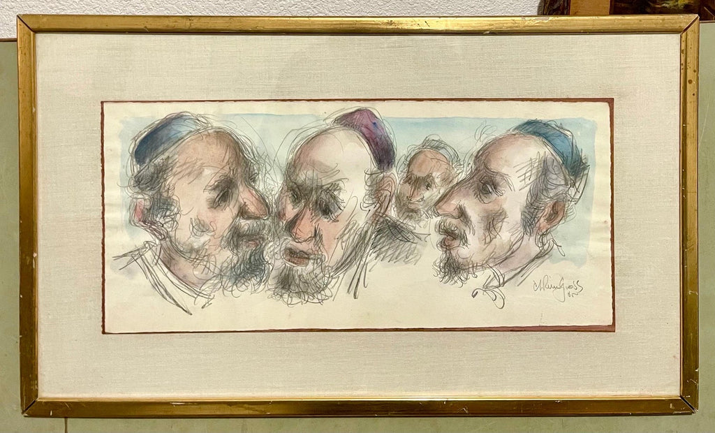 Chaim Gross Mid Century Mod Judaica Jewish Watercolor Painting Rabbis WPA Artist