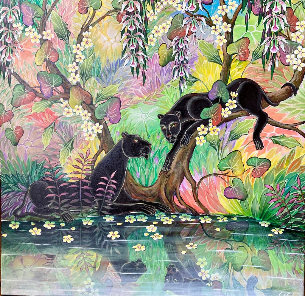 Original Painting "Promises" Tropical Jungle Painting Panthers, Gustavo Novoa